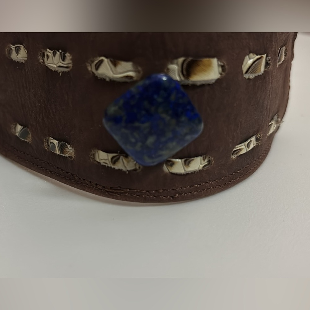 New Hand Crafted Brown Leather Bracelet with Blue Stone - Picture 2 of 4
